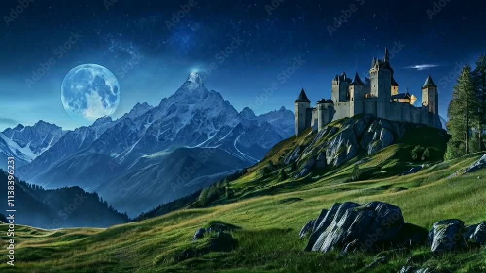 castle on the hill at night. composite fantasy landscape. grassy meadow in the foreground. rocky peaks on a ridge with a distant backdrop in the light of a full moon castle on the hill at night. composite fantasy landscape. grassy meadow in the foreground. rocky peaks on a ridge with a distant backdrop in the light of a full moon