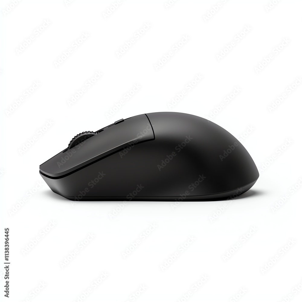 A sleek, modern black computer mouse shown from the side, highlighting its ergonomic design and smooth curves. A sleek, modern black computer mouse shown from the side, highlighting its ergonomic design and smooth curves.