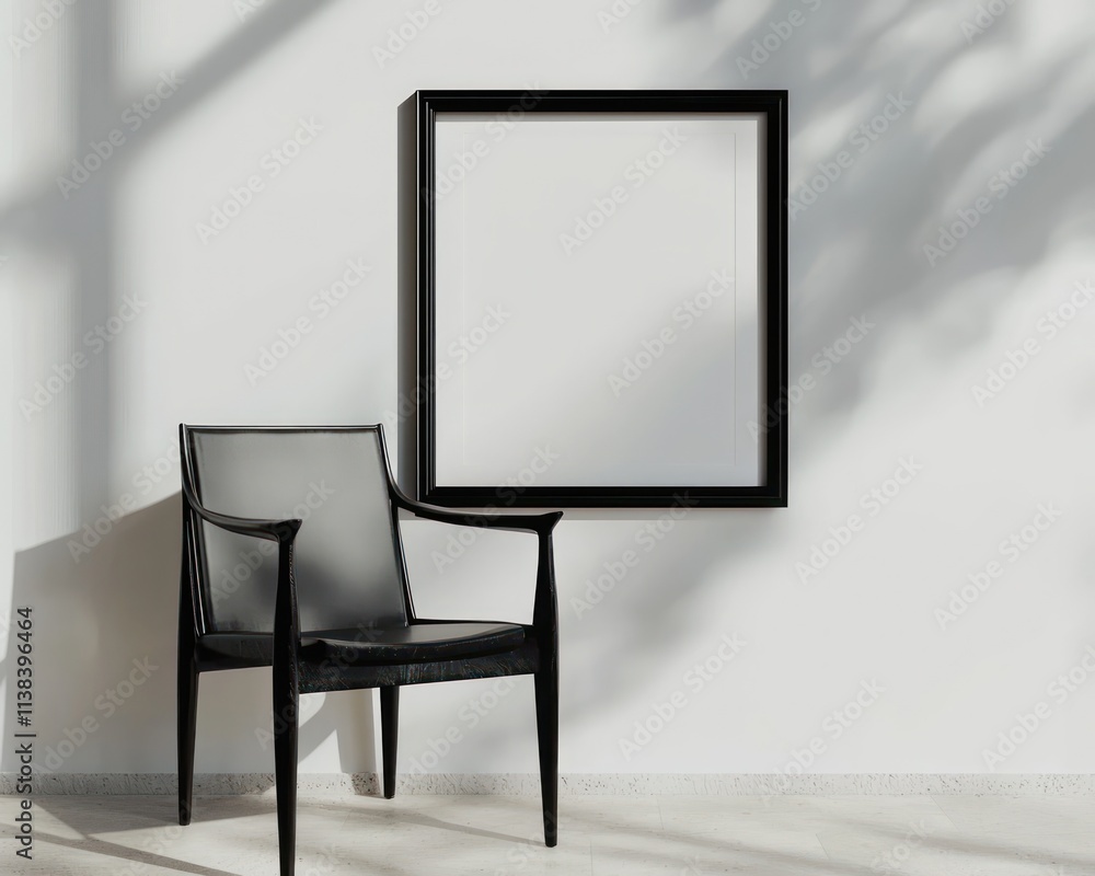 High-detail black-framed white poster mockup on a modern chair against a plain wall. High-detail black-framed white poster mockup on a modern chair against a plain wall.