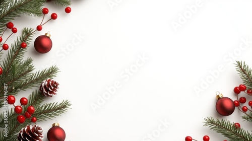 Festive holiday decorations with pine, ornaments, and cones.