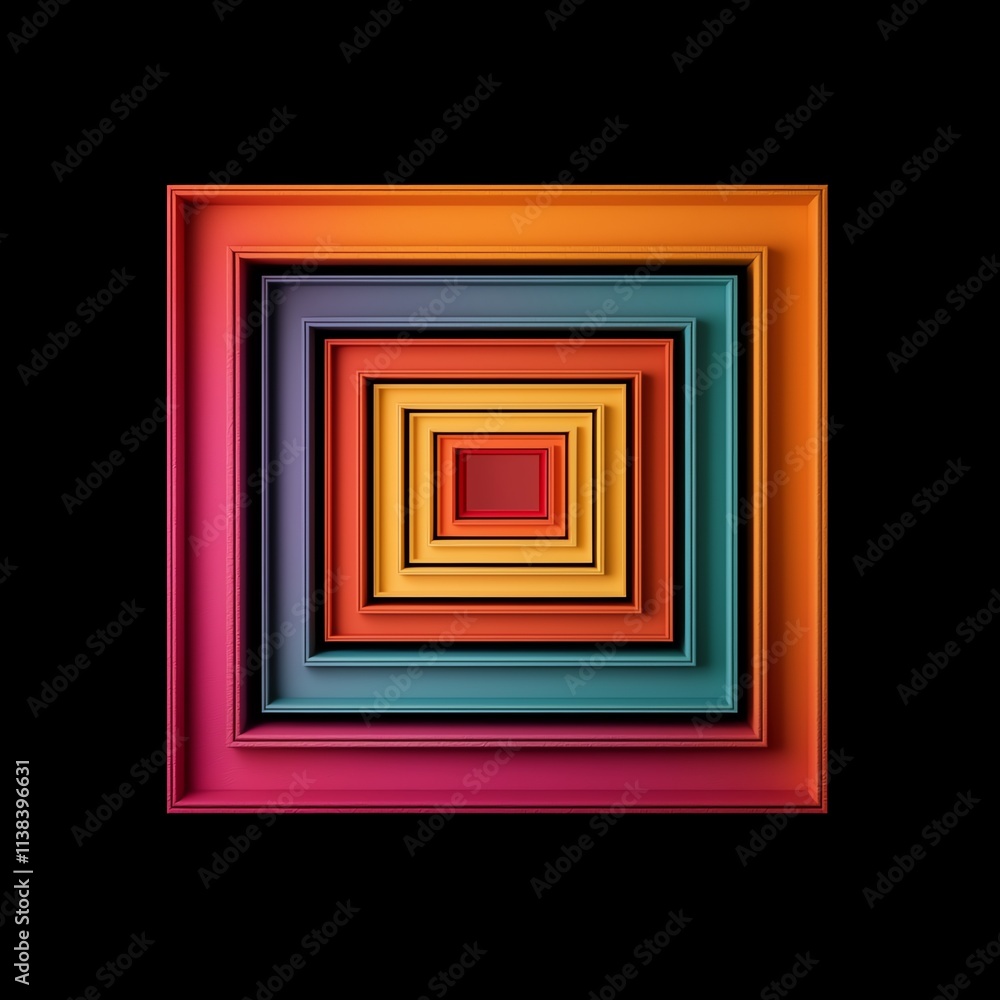 A vibrant series of concentric squares in various colors, set against a black background, creating a striking visual depth and contrast. A vibrant series of concentric squares in various colors, set against a black background, creating a striking visual depth and contrast.