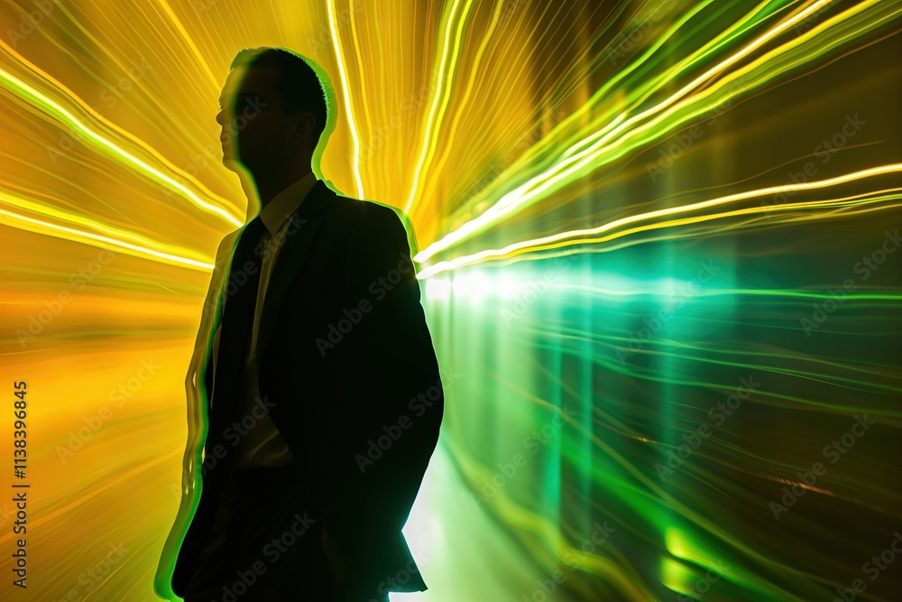 Businessman Silhouetted Figure Surrounded by Vibrant Light Rays Businessman Silhouetted Figure Surrounded by Vibrant Light Rays