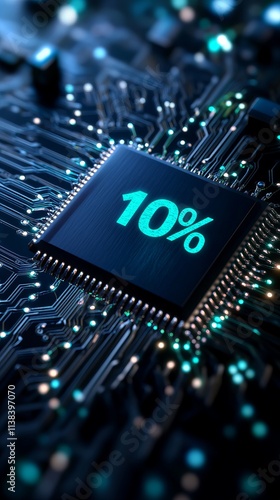 Close-up of a microchip with a glowing '10%' displayed, highlighting technology and digital innovation. photo