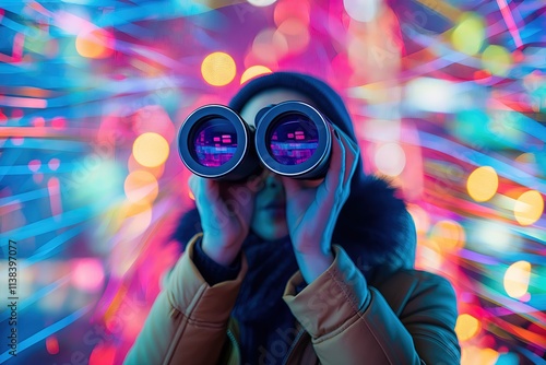 Vibrant Neon Futuristic Binocular Exploration with Woman Holding Binoculars