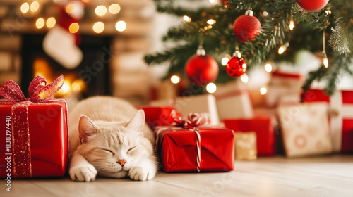 cat under Christmas tree