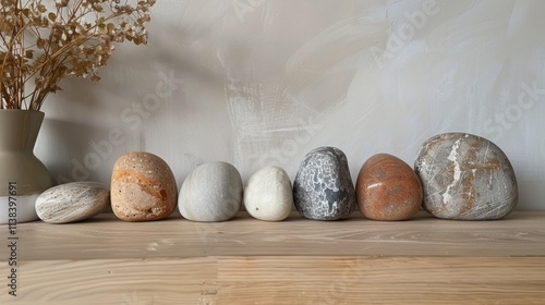 Seven polished stones in a row on wooden surface. photo