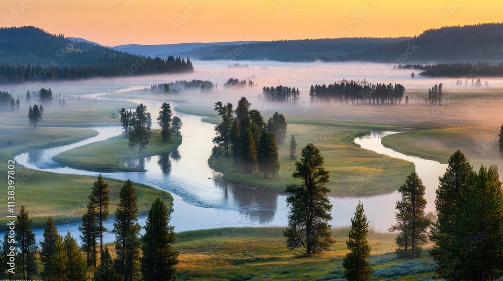 Fototapeta premium River winding through a foggy valley, with pine trees and sunrise light creating a peaceful, breathtaking view.