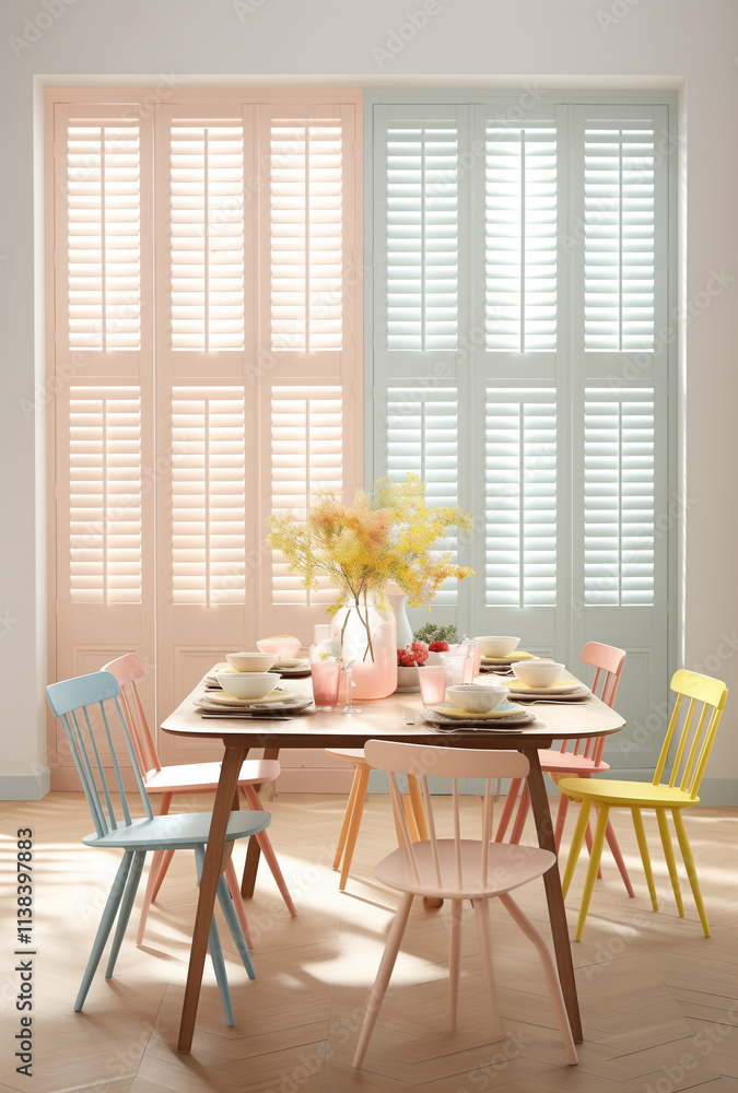 Interior of modern kitchen with dining table, chairs, white counters and lamp Interior of modern kitchen with dining table, chairs, white counters and lamp