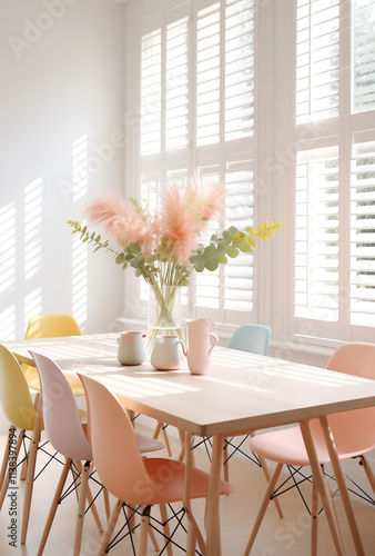 Interior of modern kitchen with dining table, chairs, white counters and lamp