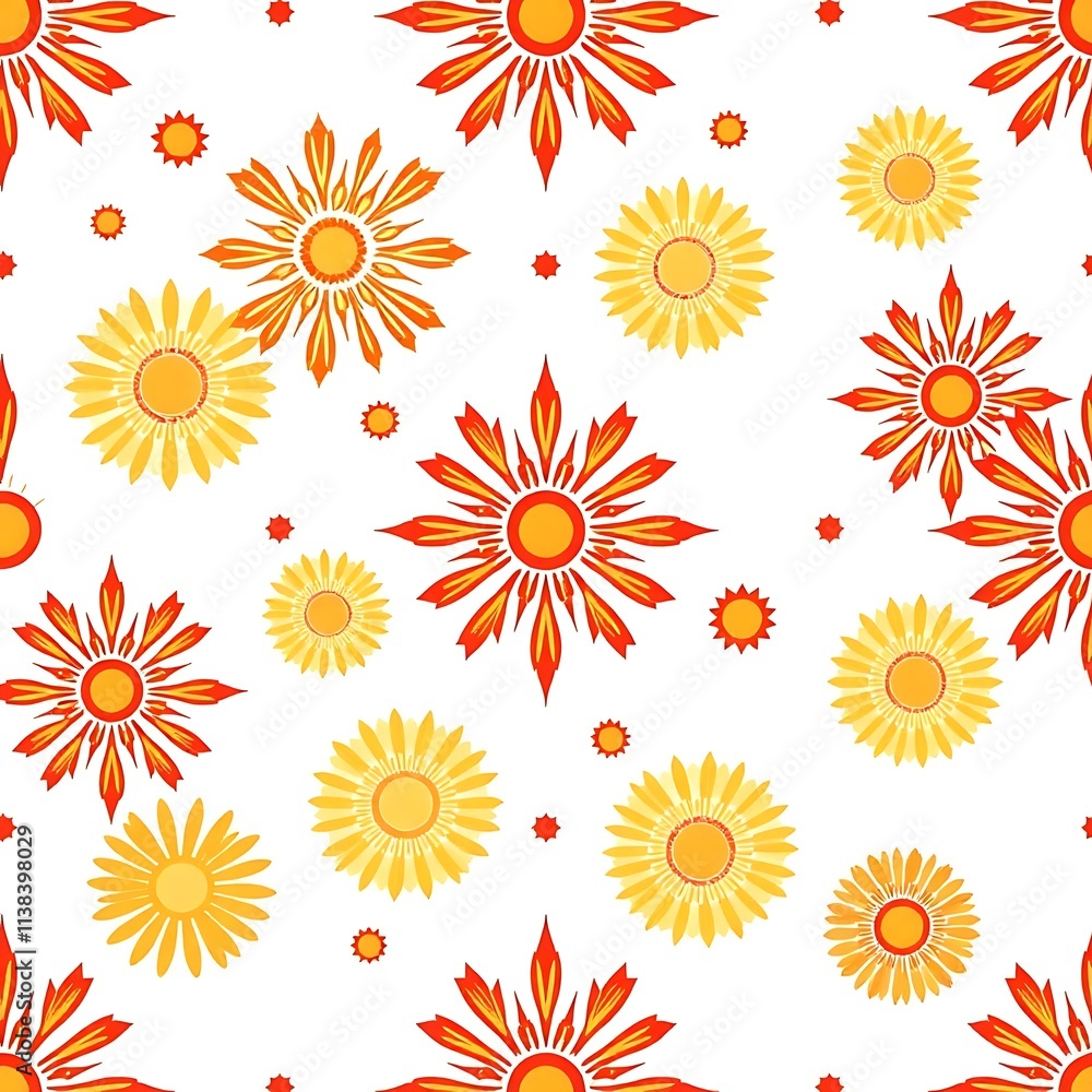 Sunny Floral Pattern: A cheerful and vibrant seamless pattern featuring a medley of stylized suns in shades of yellow and orange. The design creates a warm and optimistic atmosphere. Sunny Floral Pattern: A cheerful and vibrant seamless pattern featuring a medley of stylized suns in shades of yellow and orange. The design creates a warm and optimistic atmosphere.