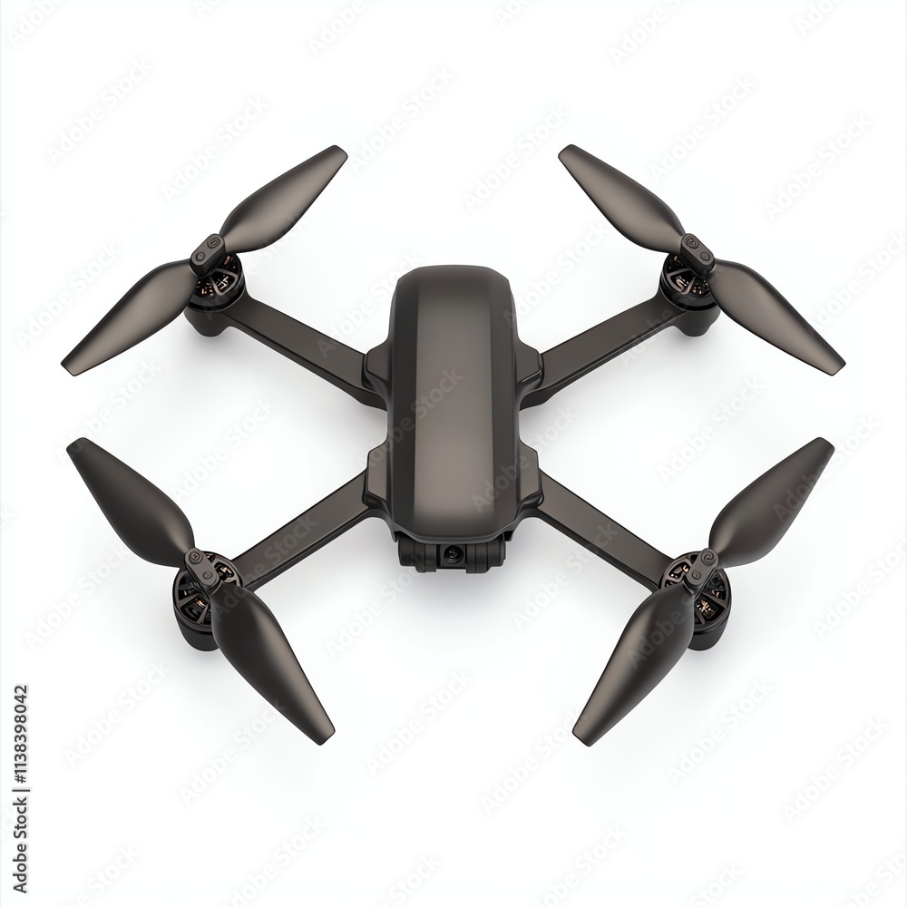 A sleek black drone with four propellers, designed for aerial photography and recreational flying. A sleek black drone with four propellers, designed for aerial photography and recreational flying.