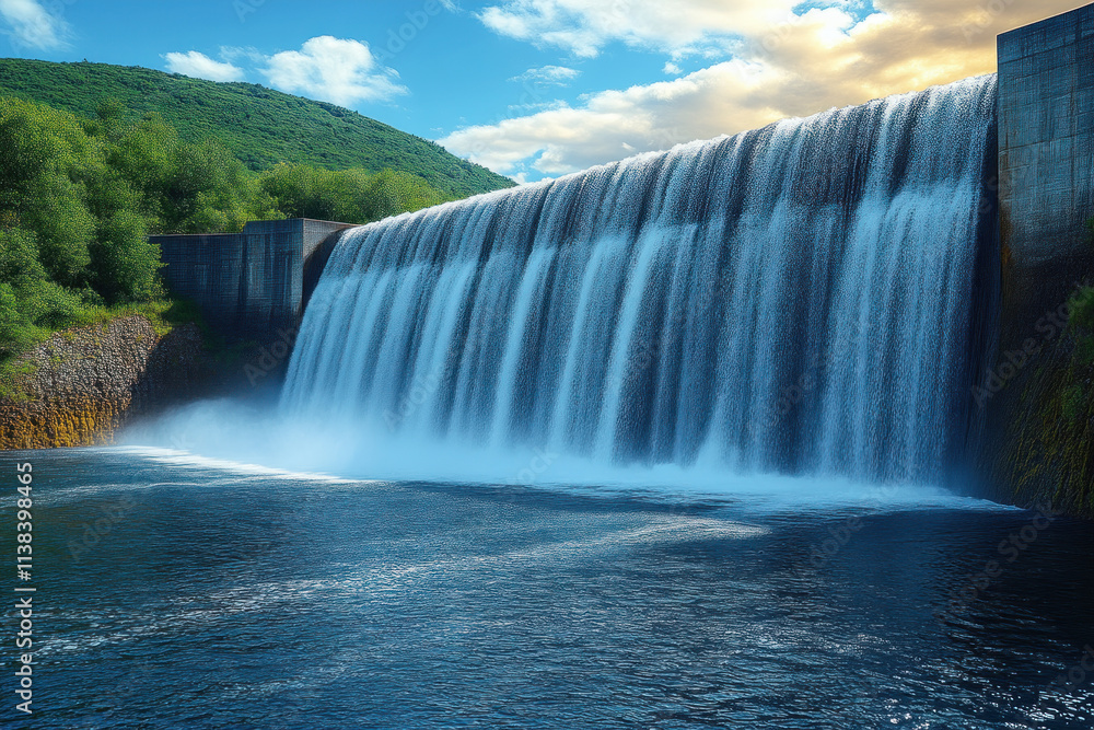Fototapeta premium Cascading water over dam with hills and sky.
