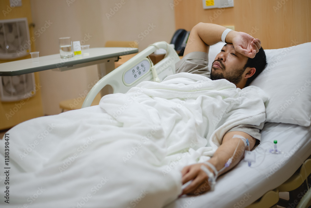 Obraz premium Male influenza patient is recovering in hospital.