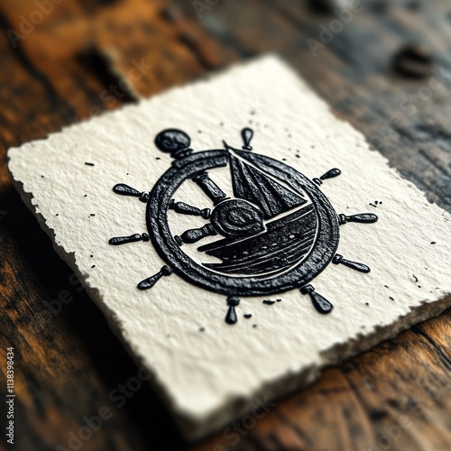 Nautical Ship Wheel and Sailboat Coaster. photo