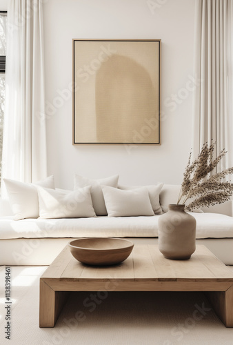 Cozy and stylish interior of living room with mock up poster frame, wooden console, flowers in vase, decorations and personal accessories. Modern home decor. Template.