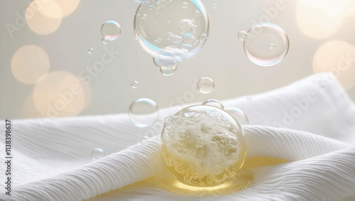 the ability to remove dirt and stains from cloth fibres. bubbles of detergent that effectively remove microorganisms from soil. 3D realistic vector file.