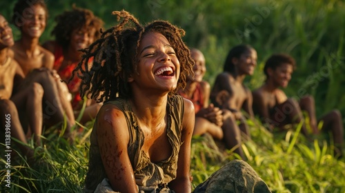 Carefree young woman with dreadlocks laughing joyfully outdoors, surrounded by friends in lush green nature on a sunny day photo