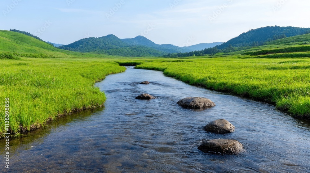 Fototapeta premium Serene river flowing through lush green landscape under blue sky.