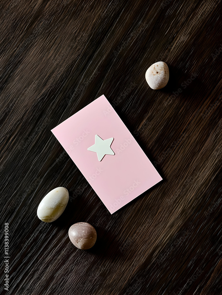 A pink card with a star design surrounded by smooth stones on a wooden surface. A pink card with a star design surrounded by smooth stones on a wooden surface.