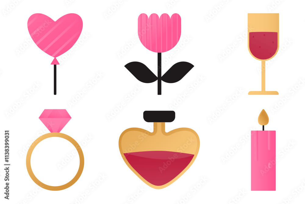 Set of elements with romantic symbols - balloon, glass of wine, elixir, candle, ring, flower. Set of elements with romantic symbols - balloon, glass of wine, elixir, candle, ring, flower.