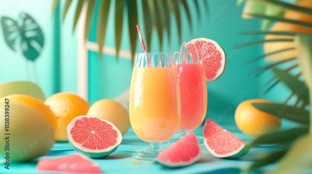 Fototapeta premium Beach items, juice, and turquoise tones for a summer holiday vibe