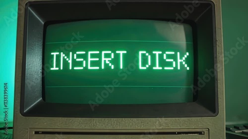 Glitchy Text A dimly lit greentinted screen flickers as a small popup appears saying Insert Disk in a bold boxy font. The screen has a subtle pixelation effect creating a nostalgic photo