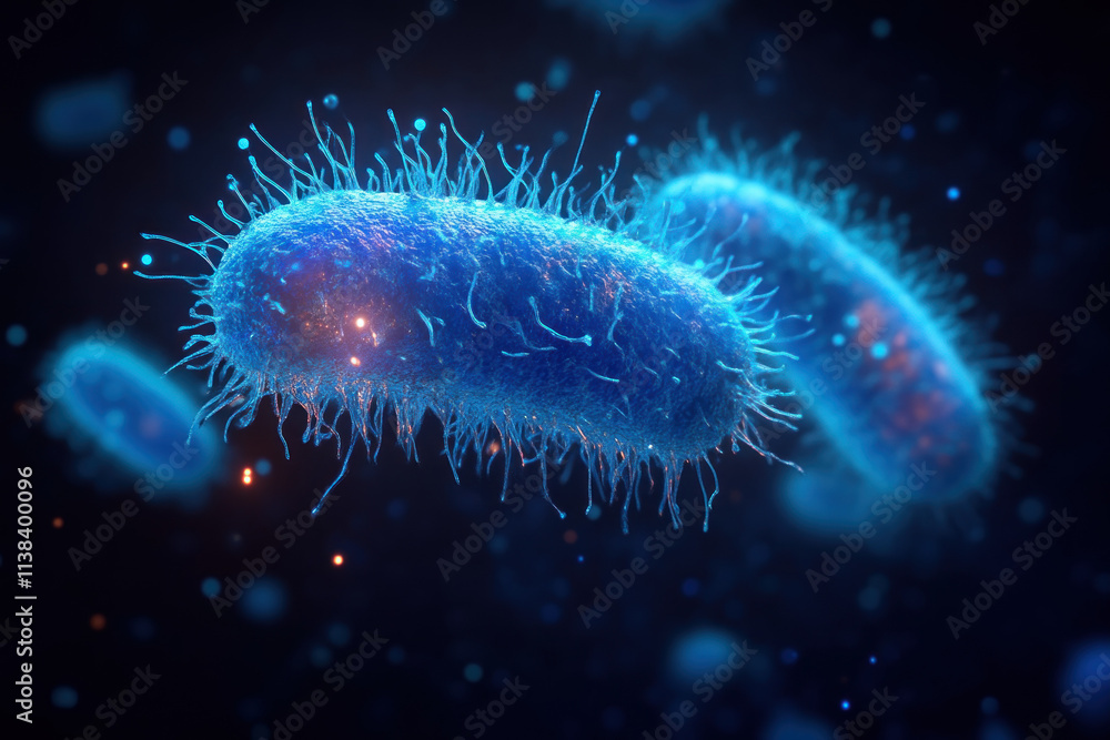 Microscopic bacteria with glowing filaments in dark space. Microscopic bacteria with glowing filaments in dark space.