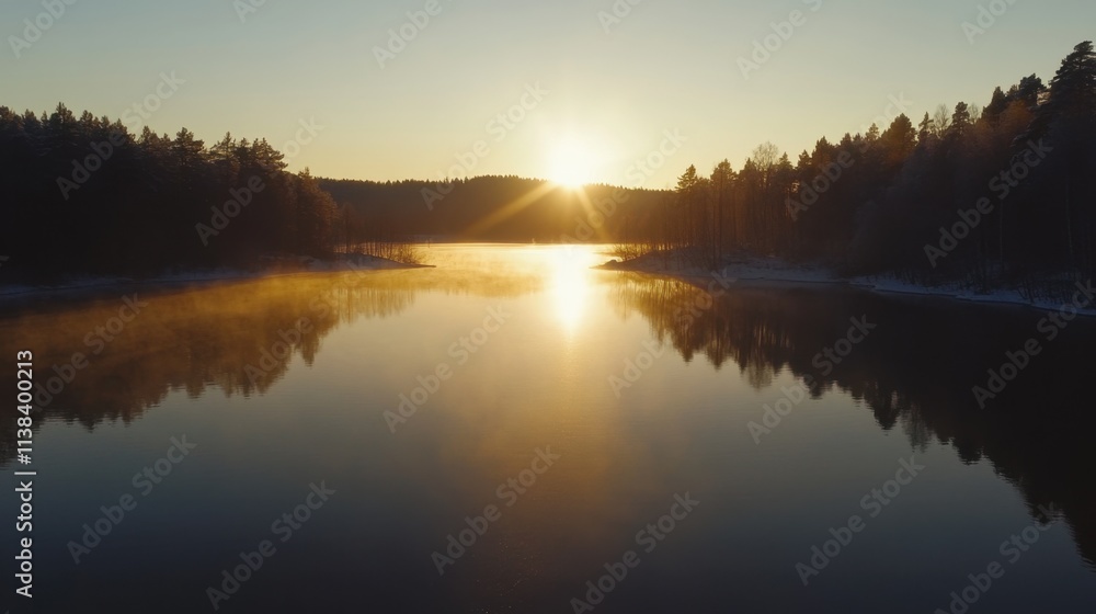 Fototapeta premium Serene sunrise over Finland forest lake, frosty shores, clear reflections, and mist rising in golden morning light.