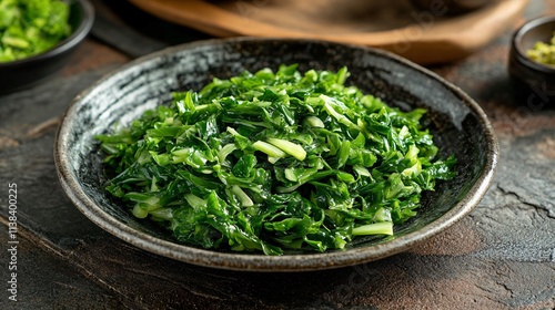 A vibrant salad of shredded Chinese cabbage and parsley, displayed on a rustic ceramic plate with antique decor