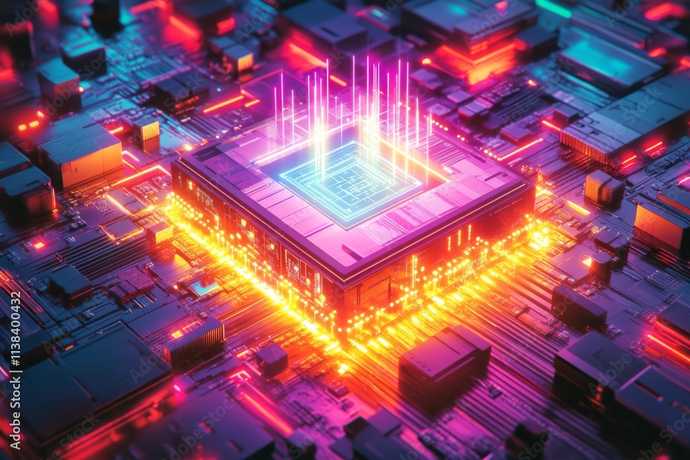 Fototapeta premium Futuristic CPU Neon Circuit Board Technology Background Digital Data Flow Innovation AI High Tech