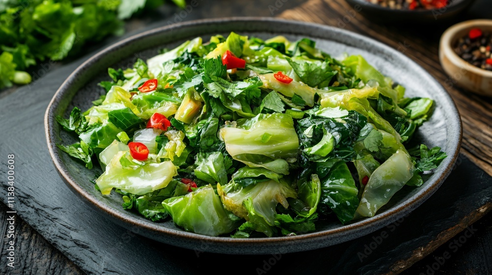 A vibrant stir-fry of Chinese cabbage and parsley, served on a rustic slate board with aged wood in the background A vibrant stir-fry of Chinese cabbage and parsley, served on a rustic slate board with aged wood in the background
