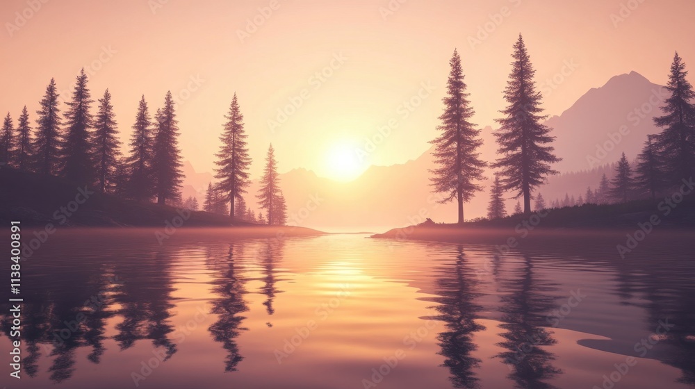 Fototapeta premium Sunrise in a river valley, morning fog lingering among pine trees, capturing the magic of nature in detail.
