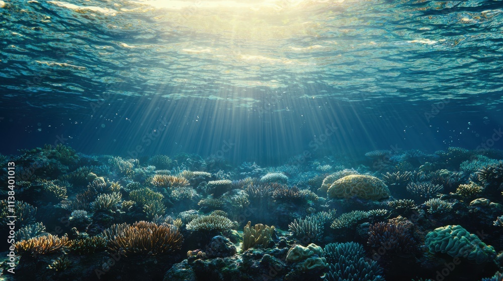 Fototapeta premium Underwater drone discovering vibrant coral reefs tropical ocean nature documentary aquatic environment aerial viewpoint