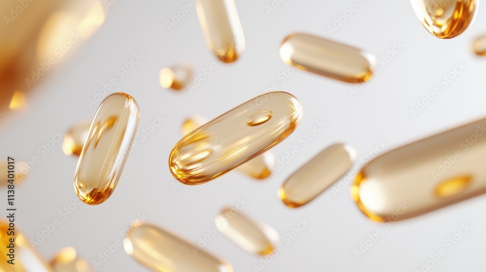 Glowing omega fish oil capsules floating in air product studio setting high-quality visuals Glowing omega fish oil capsules floating in air product studio setting high-quality visuals