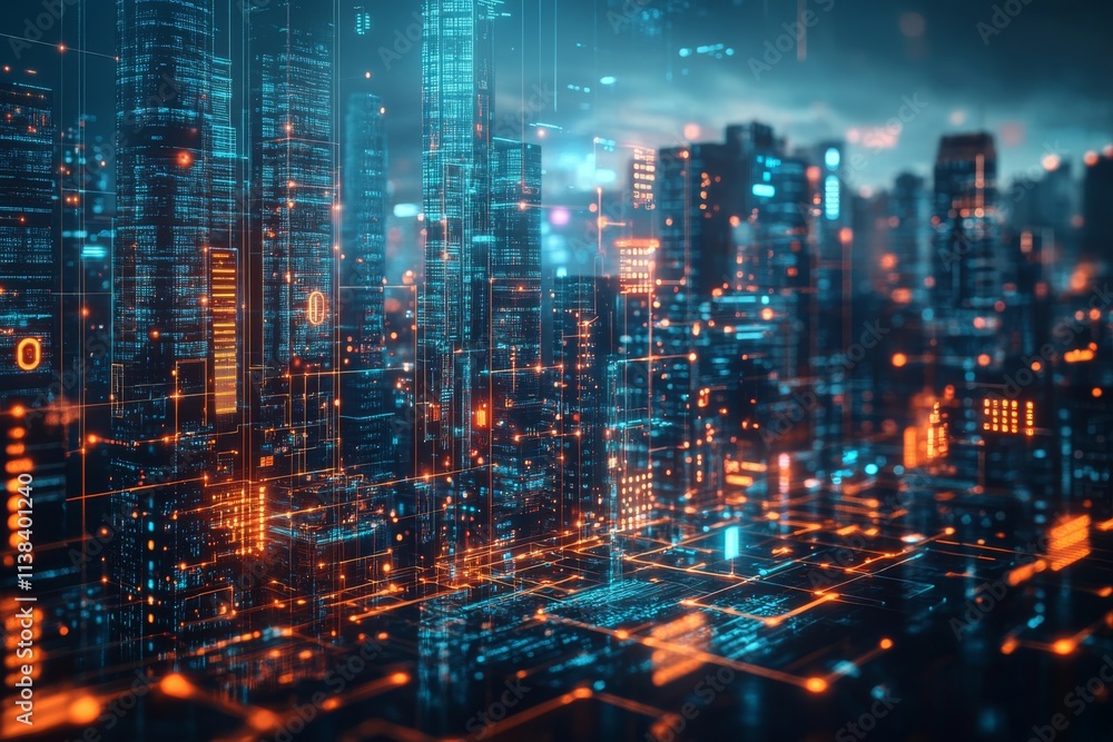 Fototapeta premium Futuristic Cityscape Digital Network Smart City Technology Data Innovation Glow