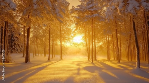 Sunrise in Finland over a quiet forest lake, frost sparkling under golden light, mighty trees framing fog and reflections.