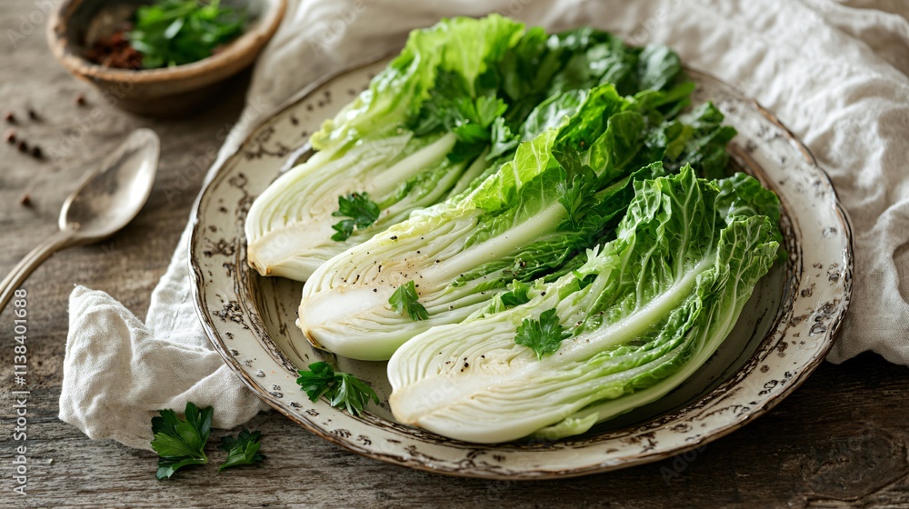 Chinese cabbage braised with parsley and ginger, served on a vintage plate with a rustic napkin and spoon Chinese cabbage braised with parsley and ginger, served on a vintage plate with a rustic napkin and spoon