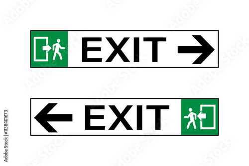 Two exit signs. Long rectangle shape with person walking, text and directional arrow, one pointing right and the other pointing left.	