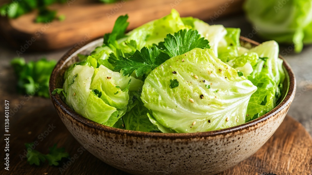 Chinese cabbage braised with parsley sprigs, displayed in a rustic ceramic bowl with a weathered wooden cutting board in the background Chinese cabbage braised with parsley sprigs, displayed in a rustic ceramic bowl with a weathered wooden cutting board in the background