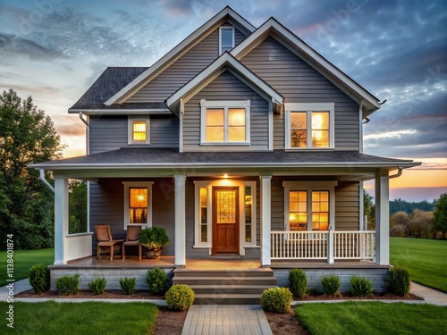 Surreal Farmhouse Door: Grey Modern Home Exterior, Covered Porch, Wood Door, Glass Window, Vinyl Siding