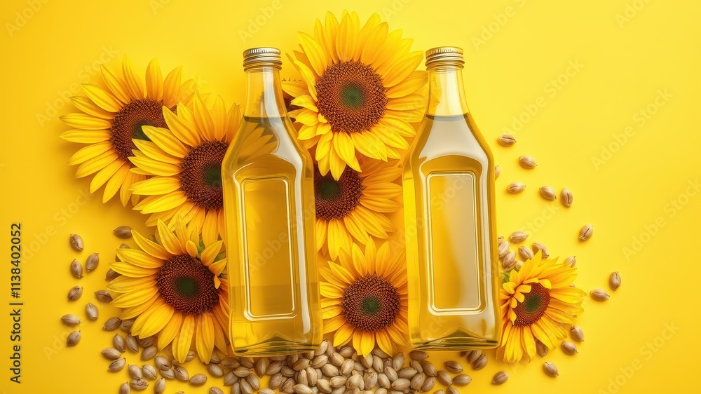 Two Bottles of Sunflower Oil Surrounded by Yellow Sunflowers and Seeds on a Bright Yellow Background Two Bottles of Sunflower Oil Surrounded by Yellow Sunflowers and Seeds on a Bright Yellow Background