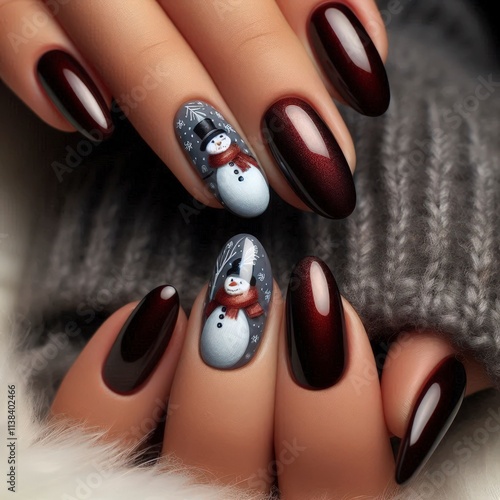 dark red nails with snowman christmas design