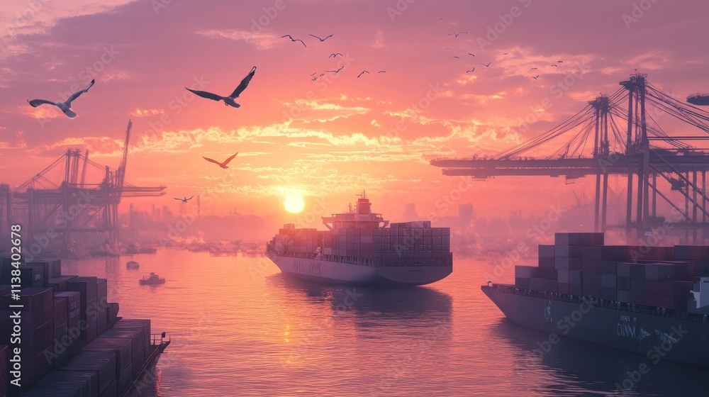 Fototapeta premium Container ship at sunset in a busy port.
