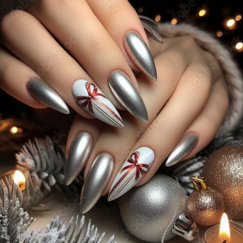 Christmas nails silver nails with ribbon