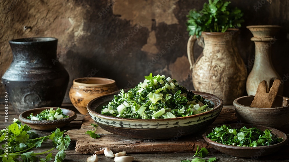 Chinese cabbage stir-fried with parsley and garlic, placed on a rustic wooden slab with antique bowls and jars Chinese cabbage stir-fried with parsley and garlic, placed on a rustic wooden slab with antique bowls and jars