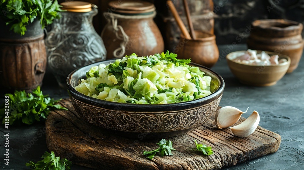 Chinese cabbage stir-fried with parsley and garlic, placed on a rustic wooden slab with antique bowls and jars Chinese cabbage stir-fried with parsley and garlic, placed on a rustic wooden slab with antique bowls and jars