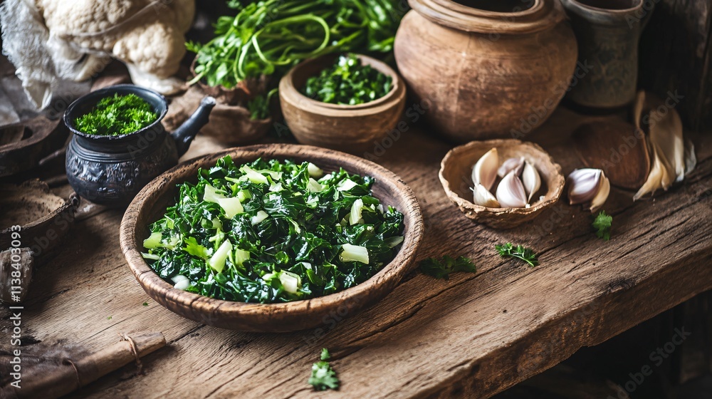 Chinese cabbage stir-fried with parsley and garlic, placed on a rustic wooden slab with antique bowls and jars
