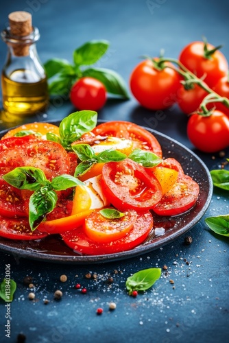 Fresh tomato salad with basil and olive oil on a blue background with cherry tomatoes photo