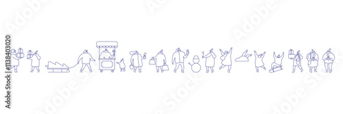 winter people vector set. Line art characters skiing, sledding, skating, snowball fight, making snowman