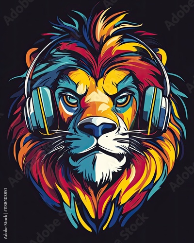 A colorful lion with headphones on its head, in a graffiti style, against a dark background. This vector illustration would make a great design for a t-shirt photo